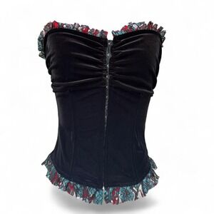 Vintage Y2K Torrid Black Velvet Corset Top Blue & Black Lace Ruffle Trim